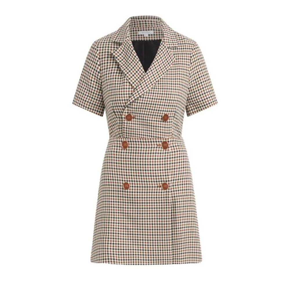 VETTA Tan and Brown Gingham Double-Breasted Mini Dress